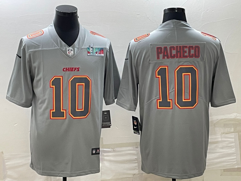 Men's Kansas City Chiefs #10 Isiah Pacheco Gray Super Bowl LVII Patch Atmosphere Fashion Stitched Jersey Men's Kansas City Chiefs #10 Isiah Pacheco Gray Super Bowl LVII Patch Atmosphere Fashion Stitched Jersey